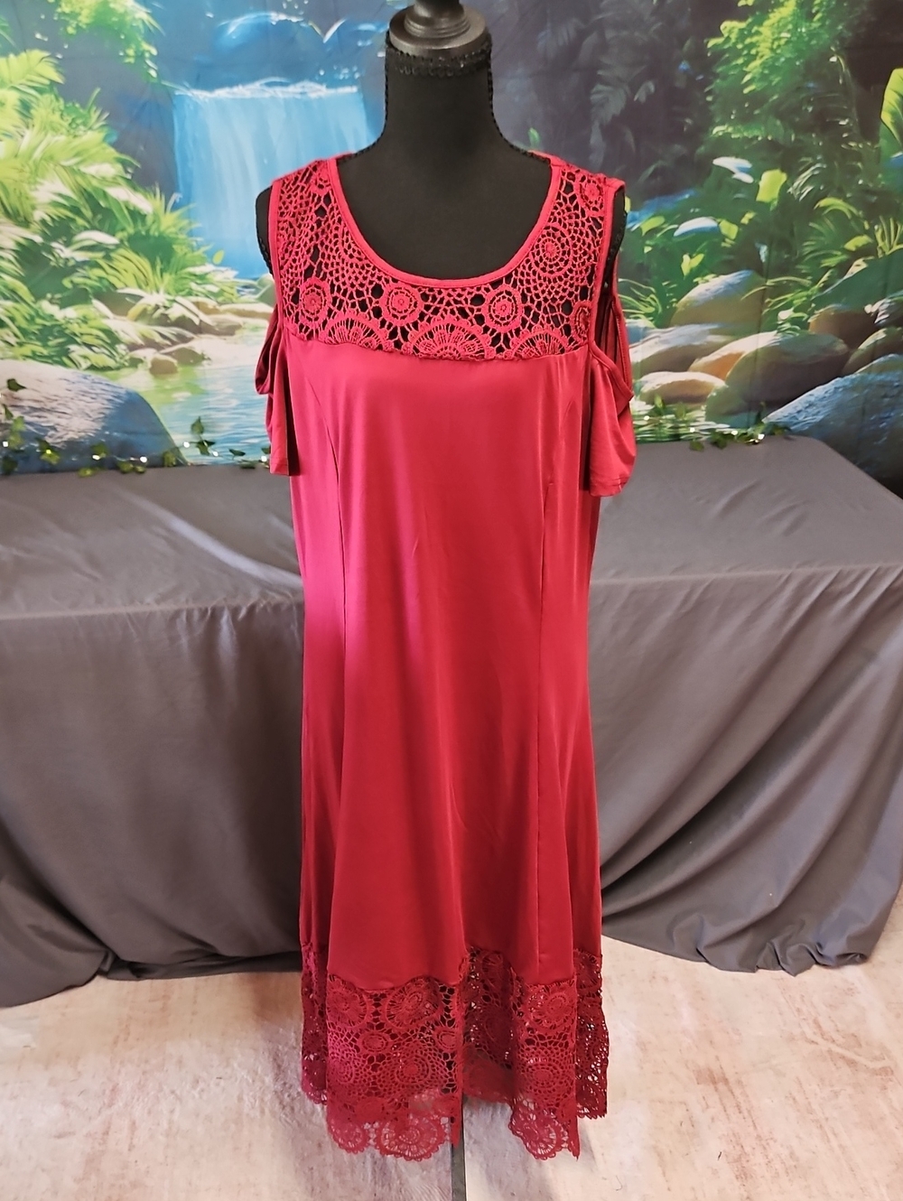 Unbranded Red Cold-Shoulder Lace Trim Slip Dress